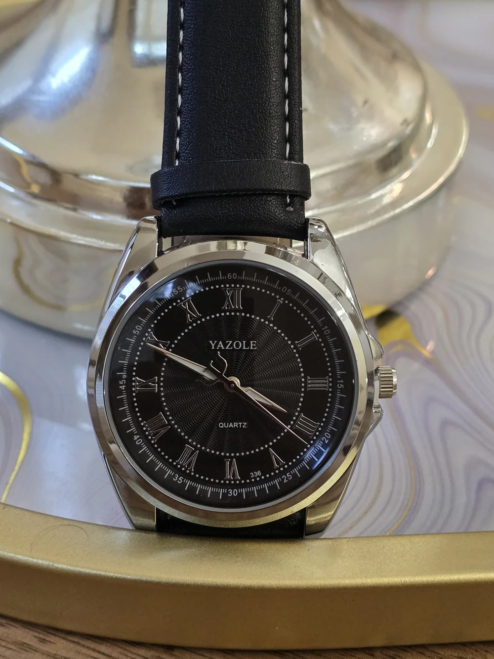Yazole Men's Black Leather Dress Watch with Silver Case